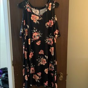 Black and Pink Floral Cold Shoulder Dress